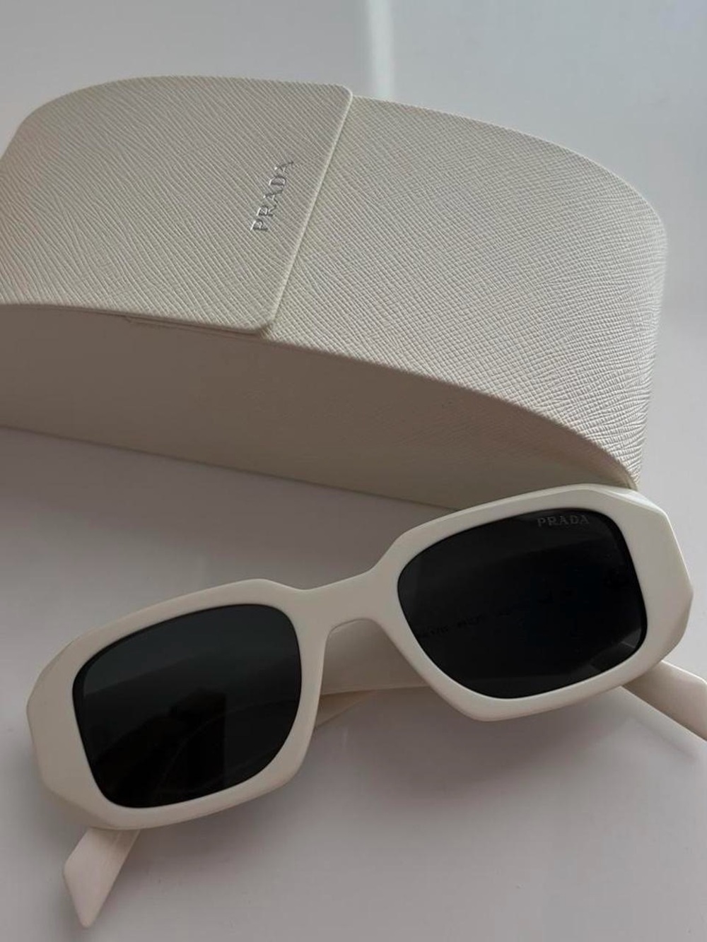 Prada White Frame Black Lens Sunglasses - Angular Retro Style